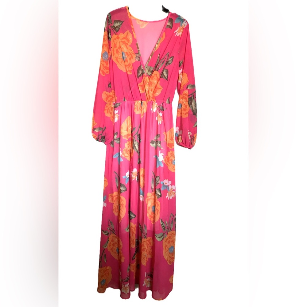 Pink and Orange Pleated Tiered Sundress with Bishop Sleeves